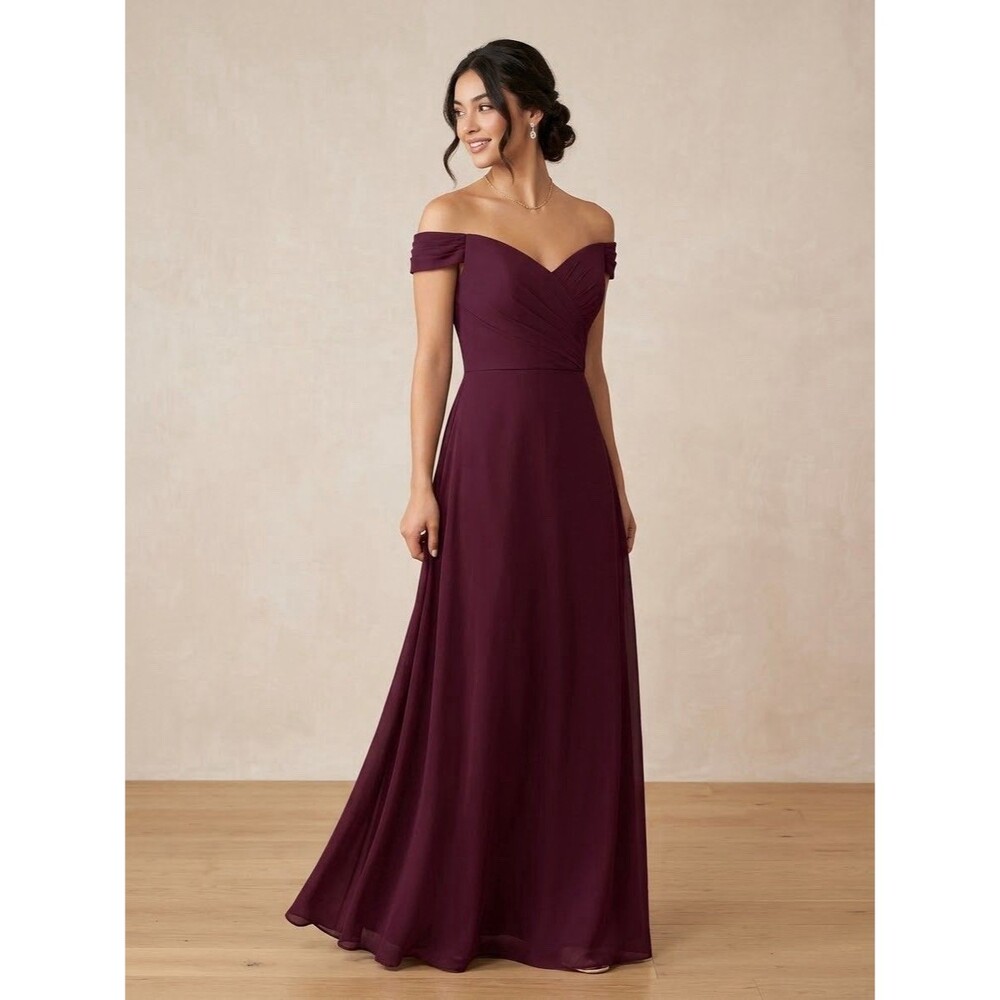 NWT Davids Bridal DB Studio Size 14 Wine Pleated Off Shoulder Chiffon Maxi Dress